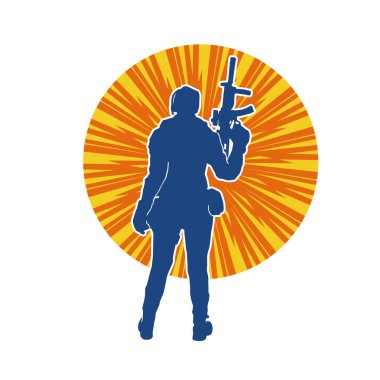 Kurşungeçirmez yelek giyen ve makineli tüfek taşıyan bir kadın özel kuvvet polisinin silueti..