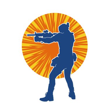 Kurşungeçirmez yelek giyen ve makineli tüfek taşıyan bir kadın özel kuvvet polisinin silueti..