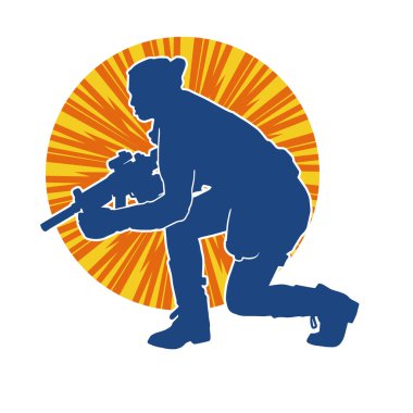 Kurşungeçirmez yelek giyen ve makineli tüfek taşıyan bir kadın özel kuvvet polisinin silueti..