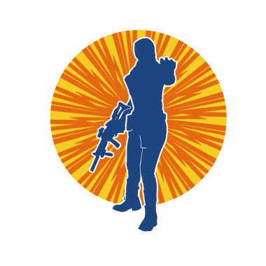 Kurşungeçirmez yelek giyen ve makineli tüfek taşıyan bir kadın özel kuvvet polisinin silueti..