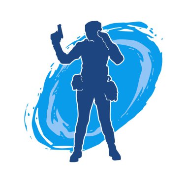 Kurşungeçirmez yelek giyen ve tabanca taşıyan bir kadın özel kuvvet polisinin silüeti..