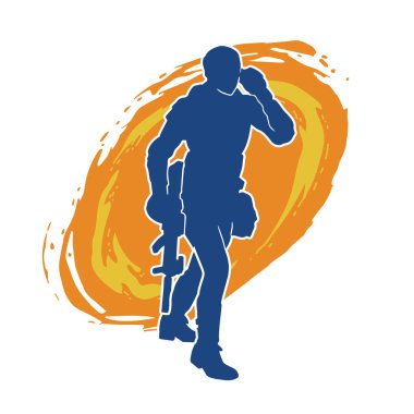 Kurşungeçirmez yelek giyen ve makineli tüfek taşıyan bir kadın özel kuvvet polisinin silueti..