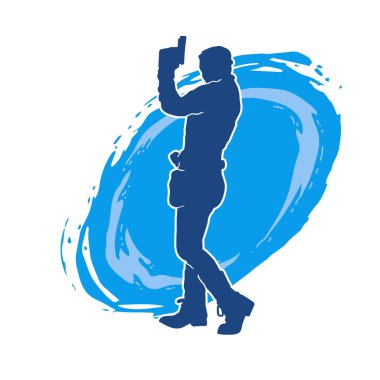 Kurşungeçirmez yelek giyen ve tabanca taşıyan bir kadın özel kuvvet polisinin silüeti..