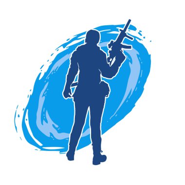 Kurşungeçirmez yelek giyen ve makineli tüfek taşıyan bir kadın özel kuvvet polisinin silueti..