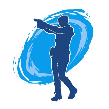 Kurşungeçirmez yelek giyen ve tabanca taşıyan bir kadın özel kuvvet polisinin silüeti..