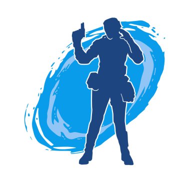 Kurşungeçirmez yelek giyen ve tabanca taşıyan bir kadın özel kuvvet polisinin silüeti..