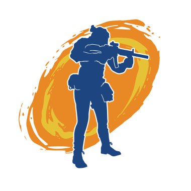 Kurşungeçirmez yelek giyen ve makineli tüfek taşıyan bir kadın özel kuvvet polisinin silueti..