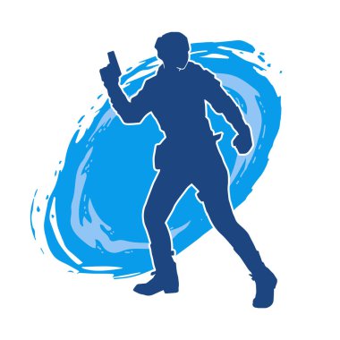 Kurşungeçirmez yelek giyen ve tabanca taşıyan bir kadın özel kuvvet polisinin silüeti..