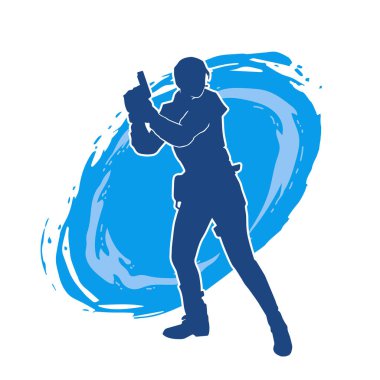 Kurşungeçirmez yelek giyen ve tabanca taşıyan bir kadın özel kuvvet polisinin silüeti..