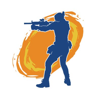 Kurşungeçirmez yelek giyen ve makineli tüfek taşıyan bir kadın özel kuvvet polisinin silueti..