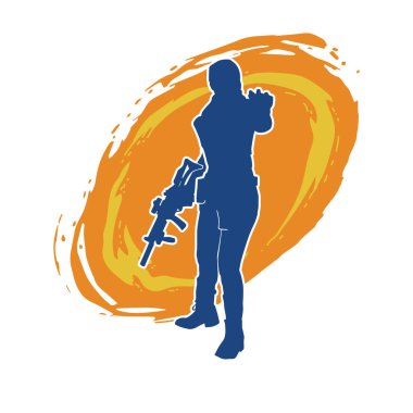 Kurşungeçirmez yelek giyen ve makineli tüfek taşıyan bir kadın özel kuvvet polisinin silueti..