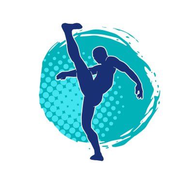 Dövüş sanatları pozu veren bir erkeğin silueti. Dövüş sanatları ustasının silueti tekme atma pozu veriyor..