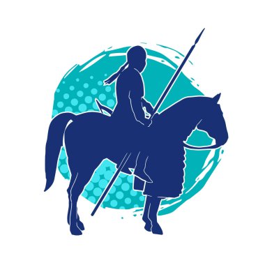 Mızrak taşıyan atlı süvari askerinin silueti. Üzerinde bir erkek asker olan bir atın silueti..