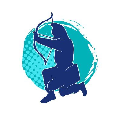 Hareketli erkek okçu savaşçısının silueti. Okçuluk silahı taşıyan bir adamın silueti..