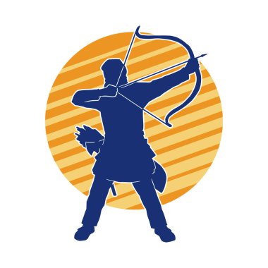 Hareketli erkek okçu savaşçısının silueti. Okçuluk silahı taşıyan bir adamın silueti..