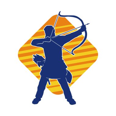 Hareketli erkek okçu savaşçısının silueti. Okçuluk silahı taşıyan bir adamın silueti..