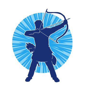 Hareketli erkek okçu savaşçısının silueti. Okçuluk silahı taşıyan bir adamın silueti..