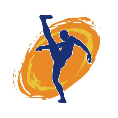 Dövüş sanatları pozu veren bir erkeğin silueti. Dövüş sanatları ustasının silueti tekme atma pozu veriyor..