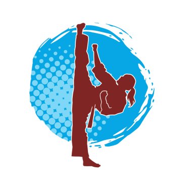 Dövüş sanatları tekmesi atan bir kadının silueti. Sportif bir kadının silueti tekme hareketi yapıyor..