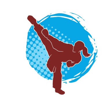 Dövüş sanatları tekmesi atan bir kadının silueti. Sportif bir kadının silueti tekme hareketi yapıyor..