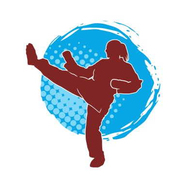 Dövüş sanatları tekmesi atan bir kadının silueti. Sportif bir kadının silueti tekme hareketi yapıyor..
