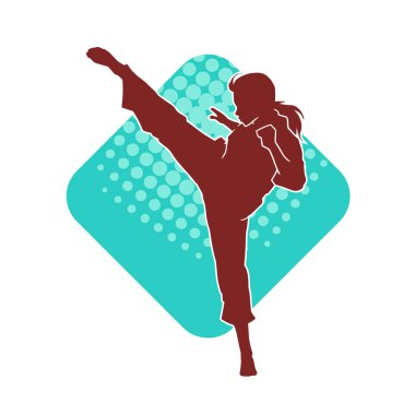 Dövüş sanatları tekmesi atan bir kadının silueti. Sportif bir kadının silueti tekme hareketi yapıyor..