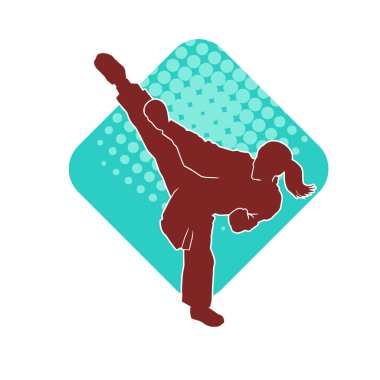 Dövüş sanatları tekmesi atan bir kadının silueti. Sportif bir kadının silueti tekme hareketi yapıyor..