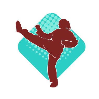 Dövüş sanatları tekmesi atan bir kadının silueti. Sportif bir kadının silueti tekme hareketi yapıyor..