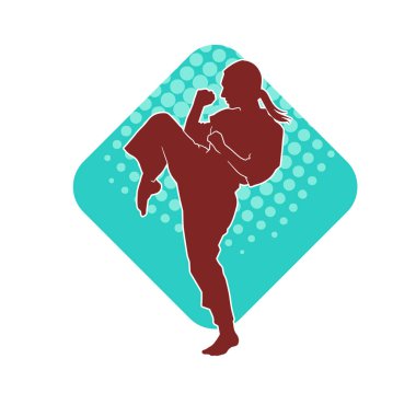 Dövüş sanatları tekmesi atan bir kadının silueti. Sportif bir kadının silueti tekme hareketi yapıyor..