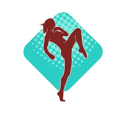 Tekmeleyen bir kadının silueti. Hareket halindeki bir kadın dövüş sanatının silüeti..