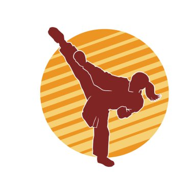 Dövüş sanatları tekmesi atan bir kadının silueti. Sportif bir kadının silueti tekme hareketi yapıyor..