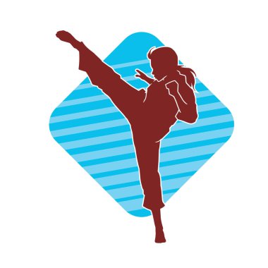 Dövüş sanatları tekmesi atan bir kadının silueti. Sportif bir kadının silueti tekme hareketi yapıyor..