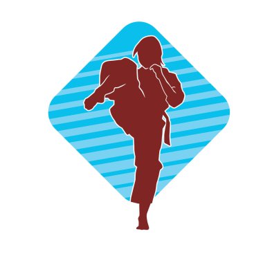 Dövüş sanatları tekmesi atan bir kadının silueti. Sportif bir kadının silueti tekme hareketi yapıyor..