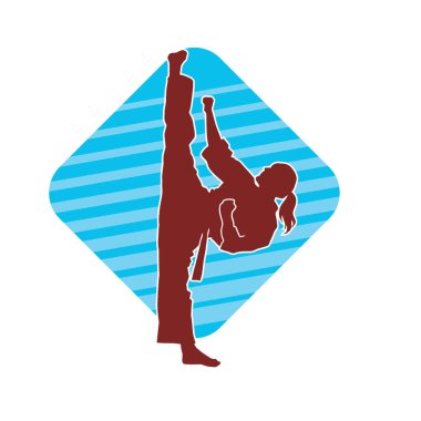 Dövüş sanatları tekmesi atan bir kadının silueti. Sportif bir kadının silueti tekme hareketi yapıyor..