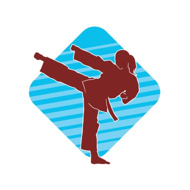 Dövüş sanatları tekmesi atan bir kadının silueti. Sportif bir kadının silueti tekme hareketi yapıyor..