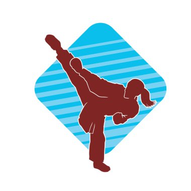 Dövüş sanatları tekmesi atan bir kadının silueti. Sportif bir kadının silueti tekme hareketi yapıyor..
