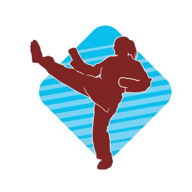 Dövüş sanatları tekmesi atan bir kadının silueti. Sportif bir kadının silueti tekme hareketi yapıyor..