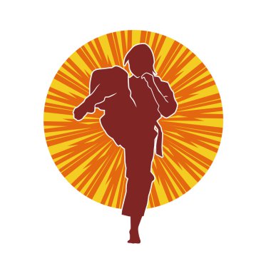 Dövüş sanatları tekmesi atan bir kadının silueti. Sportif bir kadının silueti tekme hareketi yapıyor..