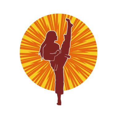 Dövüş sanatları tekmesi atan bir kadının silueti. Sportif bir kadının silueti tekme hareketi yapıyor..