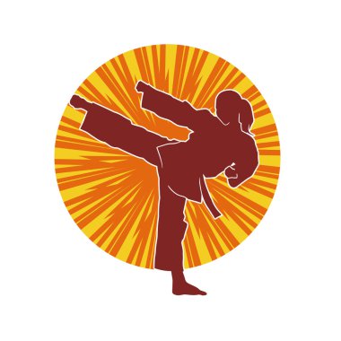 Dövüş sanatları tekmesi atan bir kadının silueti. Sportif bir kadının silueti tekme hareketi yapıyor..