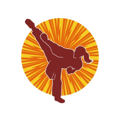 Dövüş sanatları tekmesi atan bir kadının silueti. Sportif bir kadının silueti tekme hareketi yapıyor..