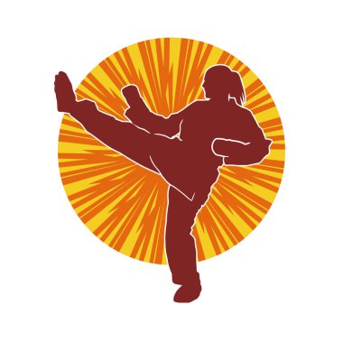 Dövüş sanatları tekmesi atan bir kadının silueti. Sportif bir kadının silueti tekme hareketi yapıyor..