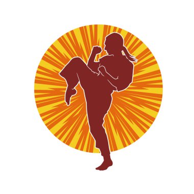 Dövüş sanatları tekmesi atan bir kadının silueti. Sportif bir kadının silueti tekme hareketi yapıyor..