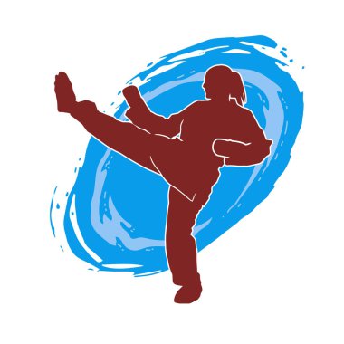 Dövüş sanatları tekmesi atan bir kadının silueti. Sportif bir kadının silueti tekme hareketi yapıyor..
