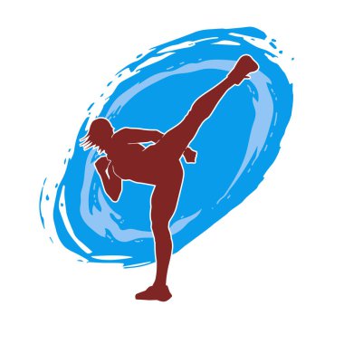 Dövüş sanatları tekmesi atan bir kadının silueti. Sportif bir kadının silueti tekme hareketi yapıyor..