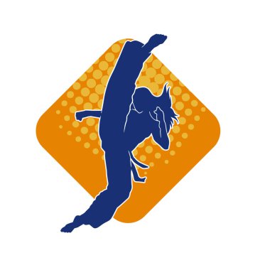 Dövüş sanatları tekmesi atan bir kadının silueti. Sportif bir kadının silueti tekme hareketi yapıyor..