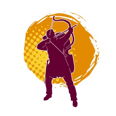 Hareketli erkek okçu savaşçısının silueti. Okçuluk silahı taşıyan bir adamın silueti..