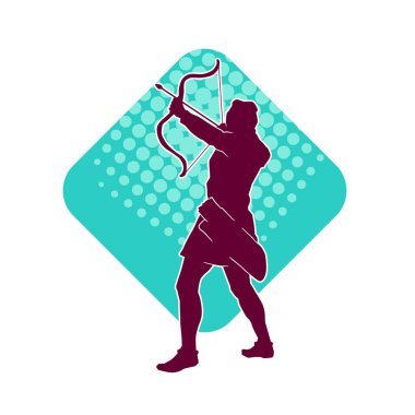 Hareketli erkek okçu savaşçısının silueti. Okçuluk silahı taşıyan bir adamın silueti..