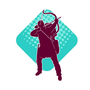 Hareketli erkek okçu savaşçısının silueti. Okçuluk silahı taşıyan bir adamın silueti..