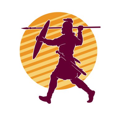 Mızrak ve kalkan taşıyan bir erkek askerin silueti..